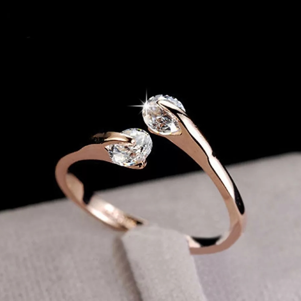 Rose Gold Double Diamond Adjustable Open Ring - Picture 8 of 8